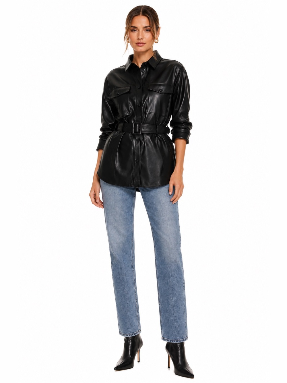 Vero Moda Black Faux Leather Belted Shirt Jacket